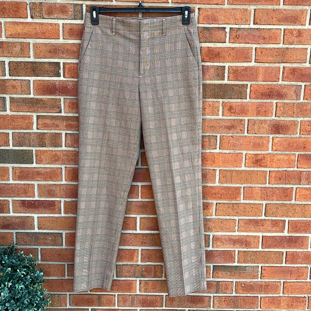 Gap High Rise Tan Plaid Slim Taper Pants size 8 Tall Washable